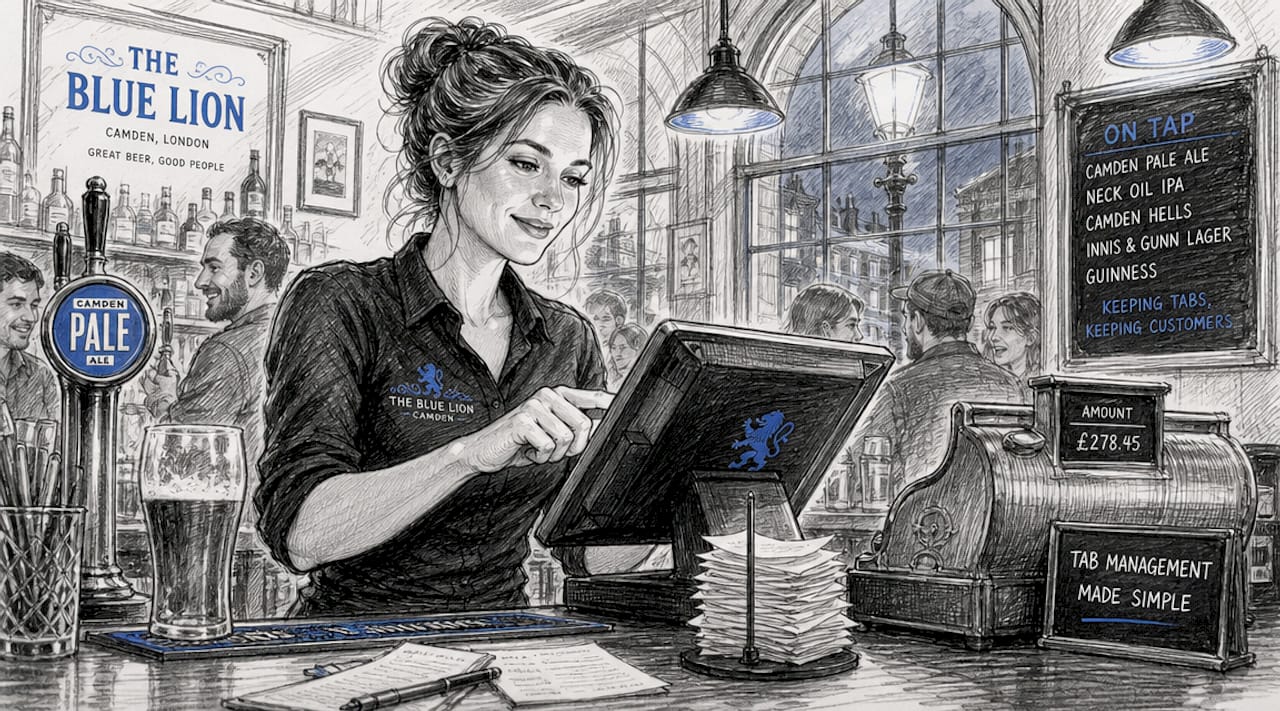 Bartender managing bar tab on POS terminal