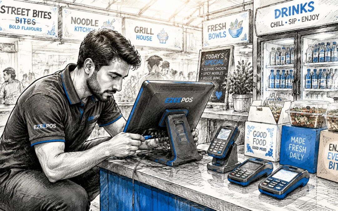 Technician connecting hospitality POS hardware cables