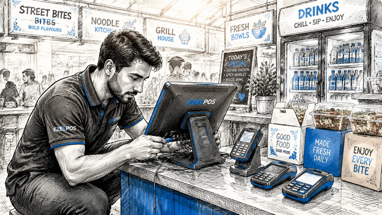 Technician connecting hospitality POS hardware cables
