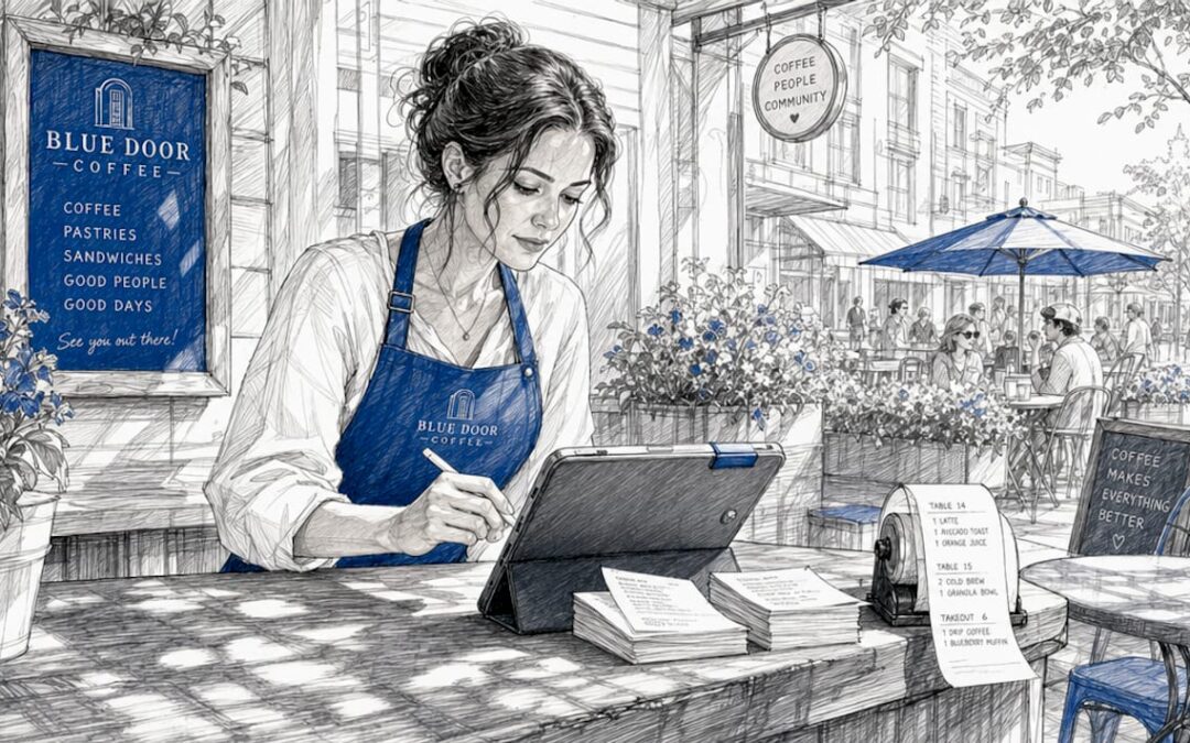 Barista checking mobile order on tablet in café