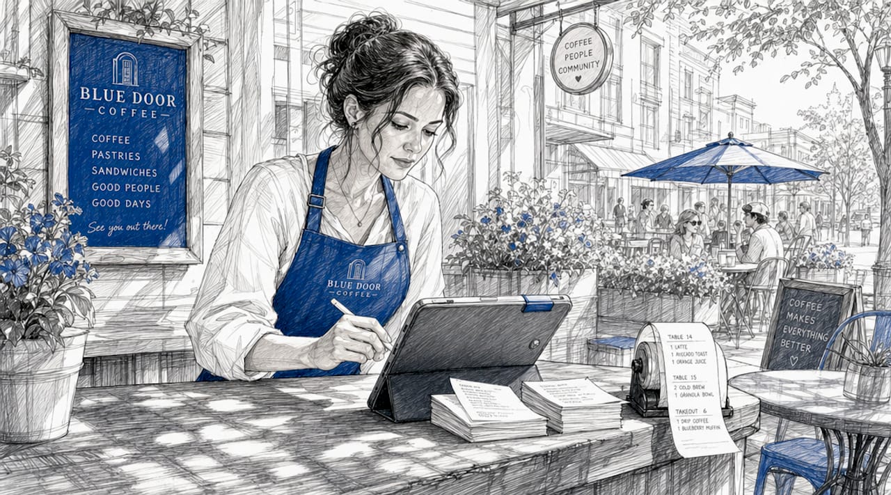 Barista checking mobile order on tablet in café