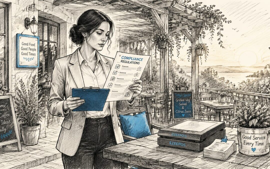 Manager reviewing hospitality POS compliance documents