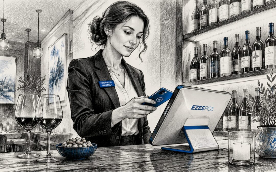 Hospitality manager processing mobile payment at bar