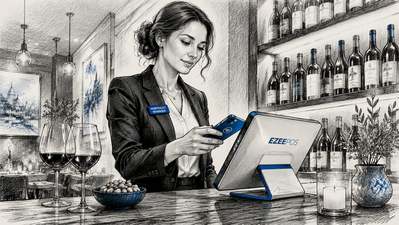 Hospitality manager processing mobile payment at bar