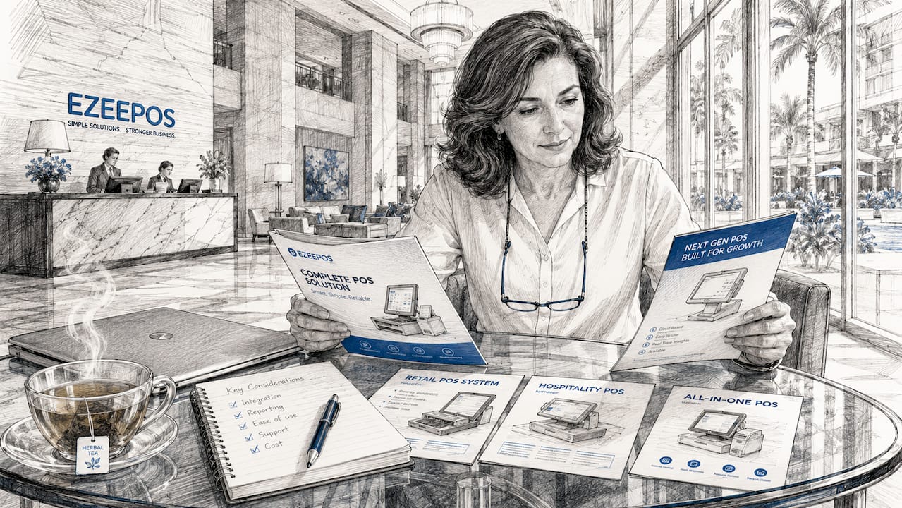 Hospitality manager reviewing POS brochures at table