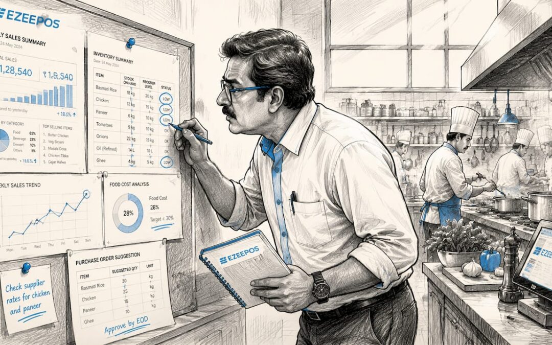 Restaurant manager reviewing sales reports at desk