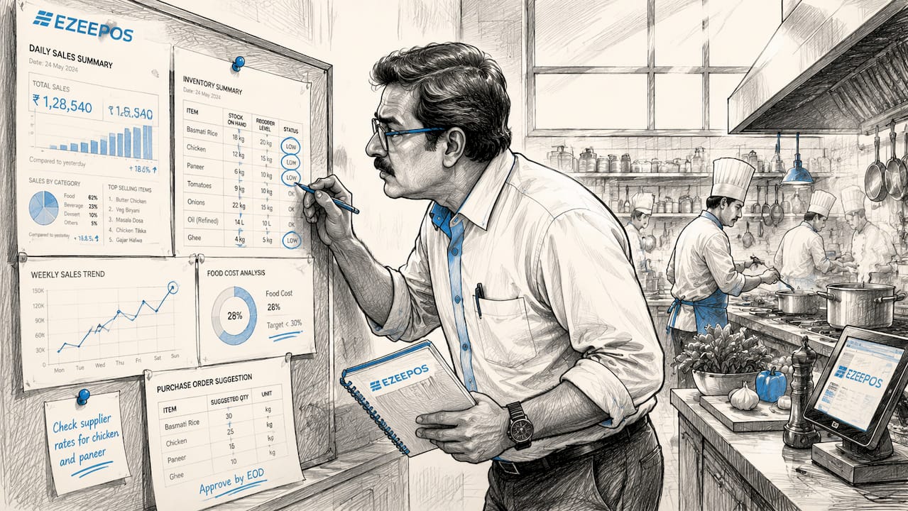 Restaurant manager reviewing sales reports at desk