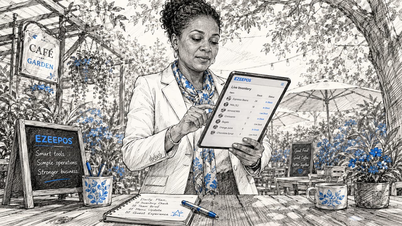 Hospitality manager reviewing inventory on tablet