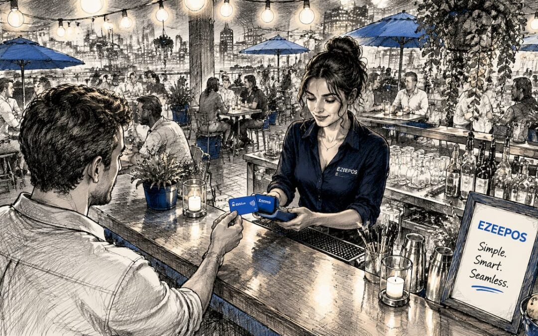 Bartender processing contactless card payment at bar counter