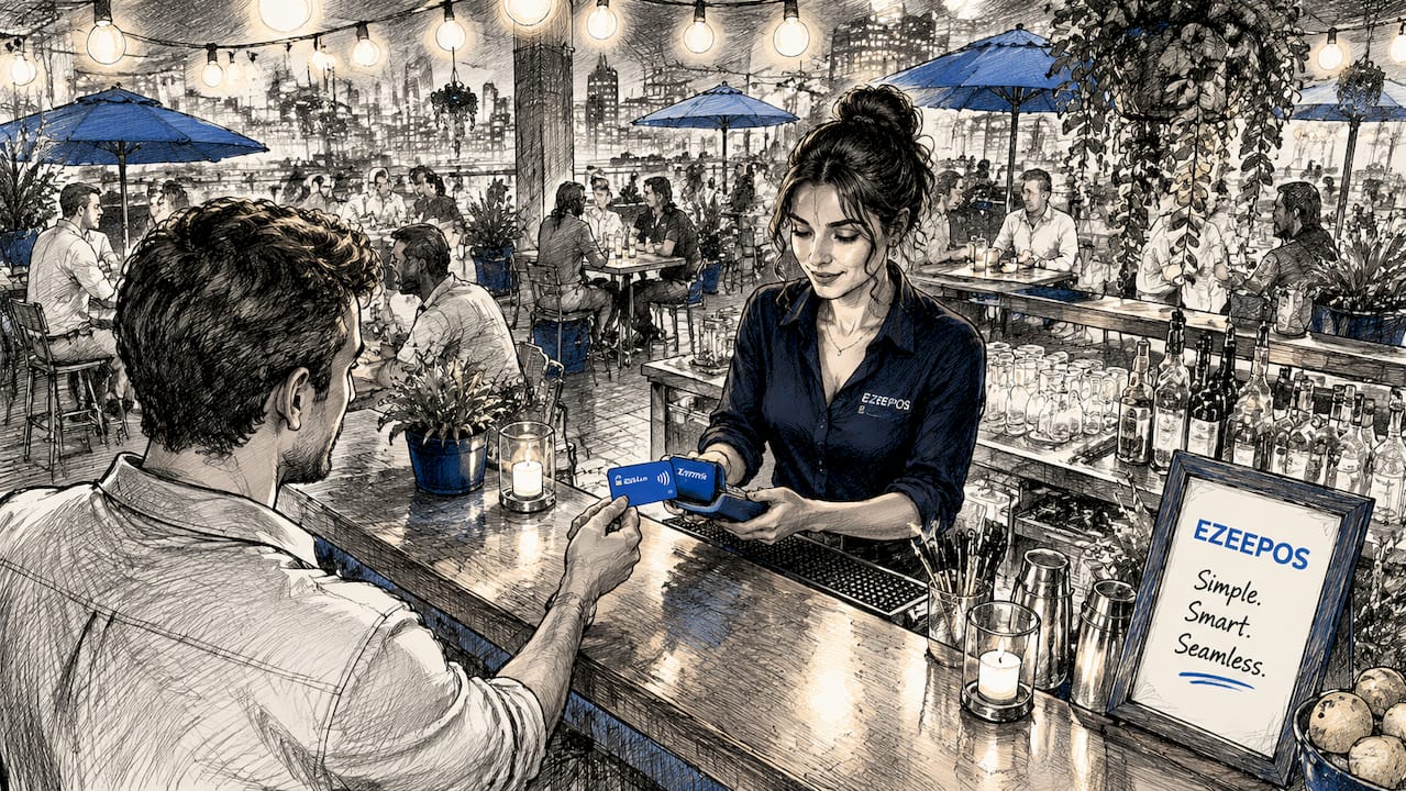 Bartender processing contactless card payment at bar counter
