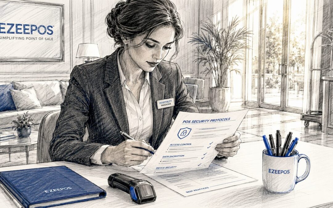Hospitality manager reviewing POS security protocols