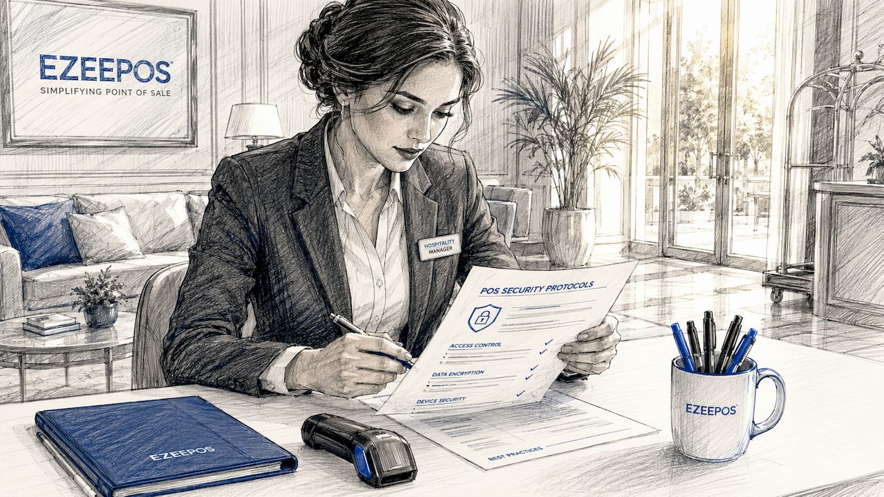 Hospitality manager reviewing POS security protocols