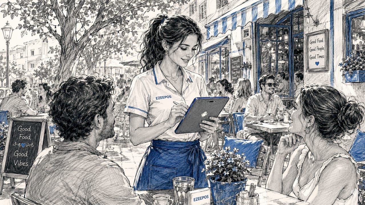 Server taking order with tablet POS in café