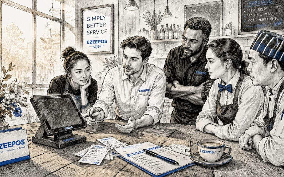 Team training session on POS system in café