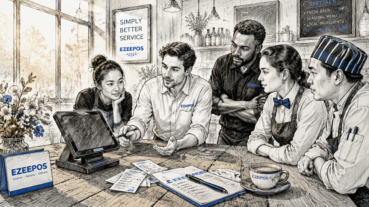 Team training session on POS system in café