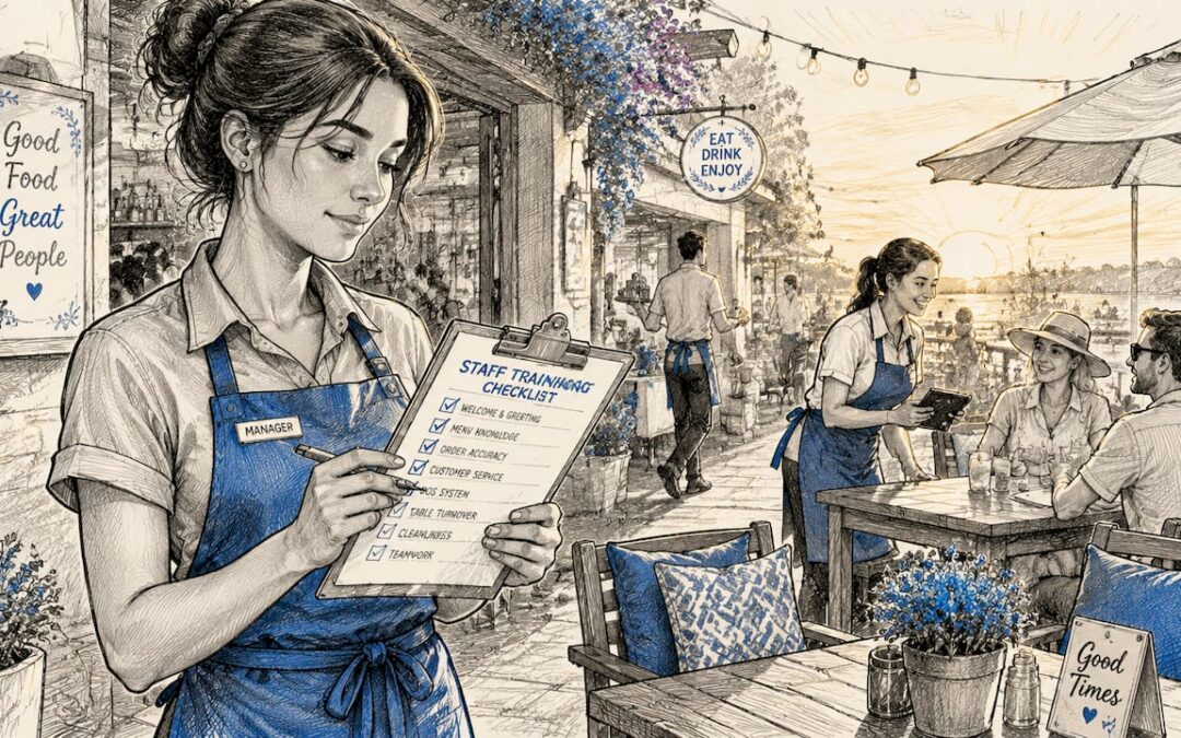 Restaurant manager reviewing staff training checklist