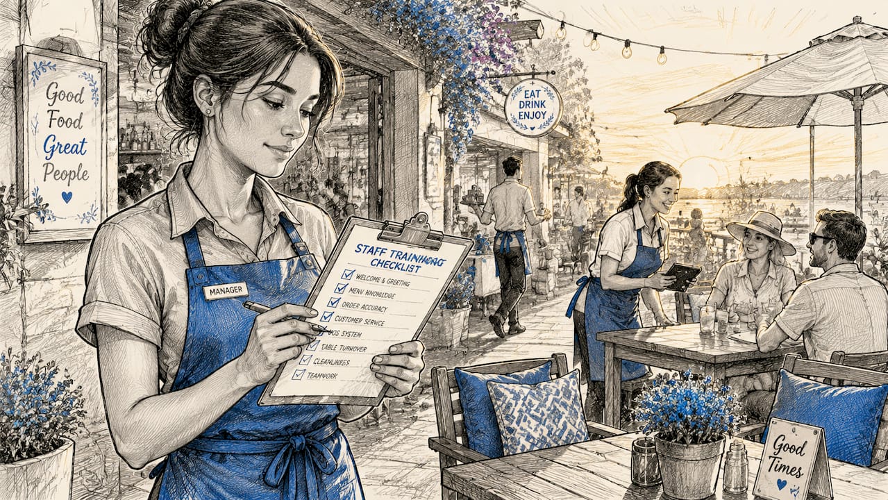 Restaurant manager reviewing staff training checklist