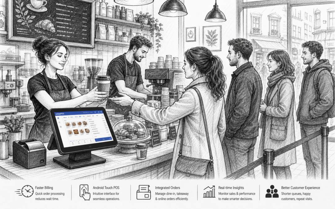 Create a detailed black-and-white pencil and ink sketch illustration for the blog title "How Android POS Helps UK Cafés Improve Service Speed at the Counter". Show a busy UK café counter scene with staff serving takeaway coffee and counter orders, a customer queue waiting calmly, and an eZeePOS-style Android touchscreen POS terminal on the counter. The illustration should reflect the article excerpt about improving service speed, reducing queues, and supporting a smooth customer experience. Include the main EPOS feature of Android POS in a professional café setting, with subtle eZeePOS brand accent details only on the POS screen or small interface elements. Hand-drawn pencil and ink sketch, black and white line drawing with light shading, slightly detailed editorial blog illustration style, no photorealism, no cartoon style, no distorted text, no large readable text, no fake logos, no random objects unrelated to the café or POS topic.