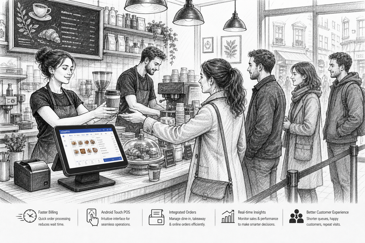 Create a detailed black-and-white pencil and ink sketch illustration for the blog title "How Android POS Helps UK Cafés Improve Service Speed at the Counter". Show a busy UK café counter scene with staff serving takeaway coffee and counter orders, a customer queue waiting calmly, and an eZeePOS-style Android touchscreen POS terminal on the counter. The illustration should reflect the article excerpt about improving service speed, reducing queues, and supporting a smooth customer experience. Include the main EPOS feature of Android POS in a professional café setting, with subtle eZeePOS brand accent details only on the POS screen or small interface elements. Hand-drawn pencil and ink sketch, black and white line drawing with light shading, slightly detailed editorial blog illustration style, no photorealism, no cartoon style, no distorted text, no large readable text, no fake logos, no random objects unrelated to the café or POS topic.