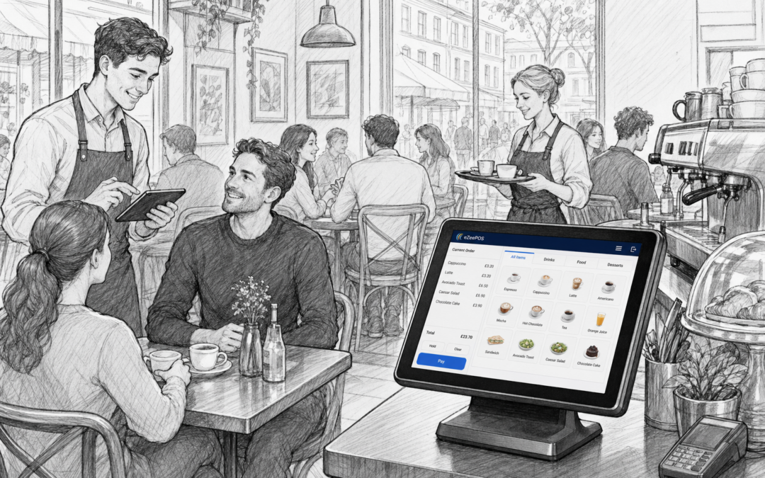 Create a detailed black-and-white pencil and ink sketch illustration for the blog title "How Android POS Helps UK Cafés Improve Table Service and Speed". The image should visually match the excerpt and show a busy UK café with staff taking table orders and serving drinks and food. Include an eZeePOS-style Android touchscreen POS terminal at the counter with subtle brand accent details only on the screen or small interface elements. The scene should emphasise faster table service, order entry, and a calm but busy café atmosphere. Style requirements: hand-drawn pencil and ink sketch, black and white line drawing with light shading, slightly detailed editorial blog illustration style, professional UK hospitality setting, no photorealism, no cartoon style, no distorted text, no large readable signage, no fake logos, and no random unrelated objects. Make it feel like a custom illustration specifically for the article titled "How Android POS Helps UK Cafés Improve Table Service and Speed".