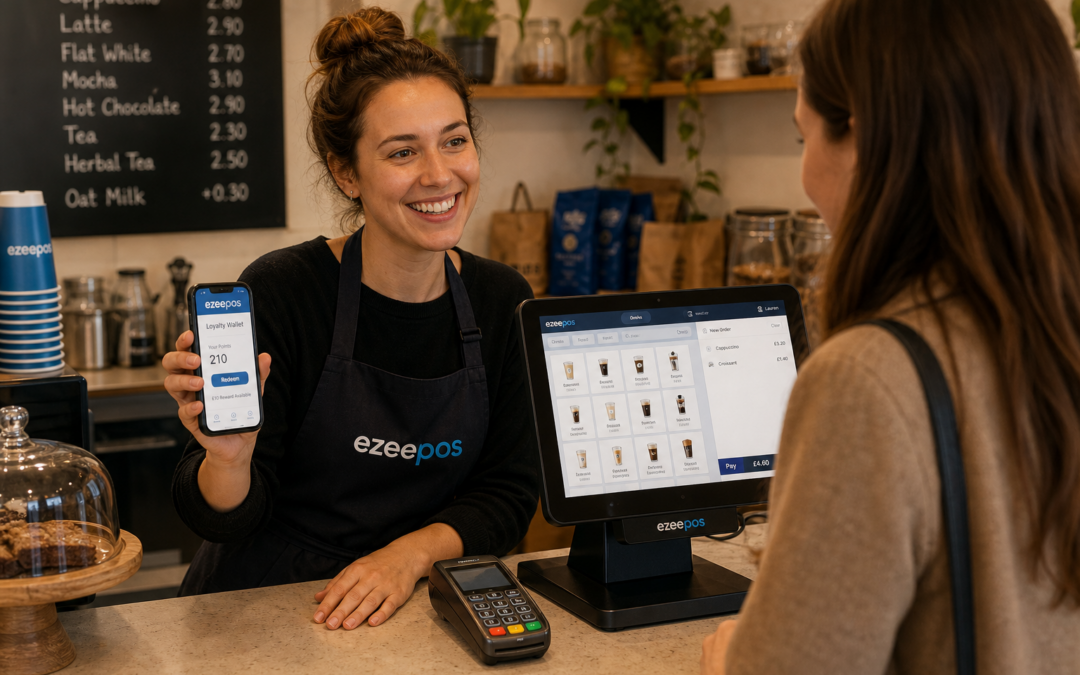 Why Customer Loyalty Matters for Independent Cafés, Shops and Takeaways, photorealistic commercial photography style of a warm modern UK independent café counter with a friendly staff member serving a regular customer while holding a smartphone showing a digital loyalty wallet or rewards screen with subtle blue brand accents, a sleek EPOS touchscreen terminal and card terminal visible on a clean counter, coffee cups and small retail items in the background, realistic business environment for loyalty and repeat visits, shallow depth of field, natural lighting, premium but realistic composition, professional blog hero image for ezeepos, technology clearly the focus, customer engagement and loyalty theme, clean and uncluttered, no gimmicks, no cartoon look