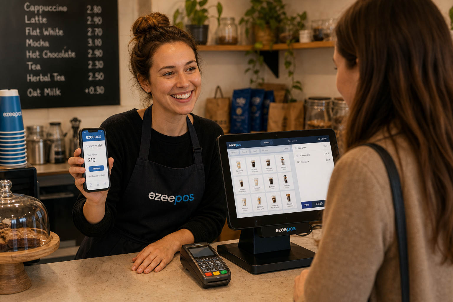 Why Customer Loyalty Matters for Independent Cafés, Shops and Takeaways, photorealistic commercial photography style of a warm modern UK independent café counter with a friendly staff member serving a regular customer while holding a smartphone showing a digital loyalty wallet or rewards screen with subtle blue brand accents, a sleek EPOS touchscreen terminal and card terminal visible on a clean counter, coffee cups and small retail items in the background, realistic business environment for loyalty and repeat visits, shallow depth of field, natural lighting, premium but realistic composition, professional blog hero image for ezeepos, technology clearly the focus, customer engagement and loyalty theme, clean and uncluttered, no gimmicks, no cartoon look