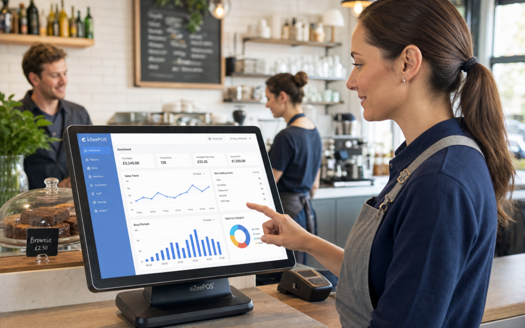 How Better Reporting Helps Independent Businesses Make Smarter Decisions, a photorealistic commercial photography style image in a modern UK independent cafe or retail shop with a clean counter area, a friendly business owner reviewing a clear sales dashboard on an eZeePOS-style touchscreen POS terminal or tablet, subtle blue interface accents on the screen, charts showing sales trends, best-selling items and busy periods, warm natural lighting, shallow depth of field, premium realistic composition, staff and a customer in the background to suggest an active trading environment, professional blog hero image for ezeepos, technology as the focal point, tidy counter, modern touchscreen till system clearly visible, realistic UK business setting, suitable for a WordPress featured image
