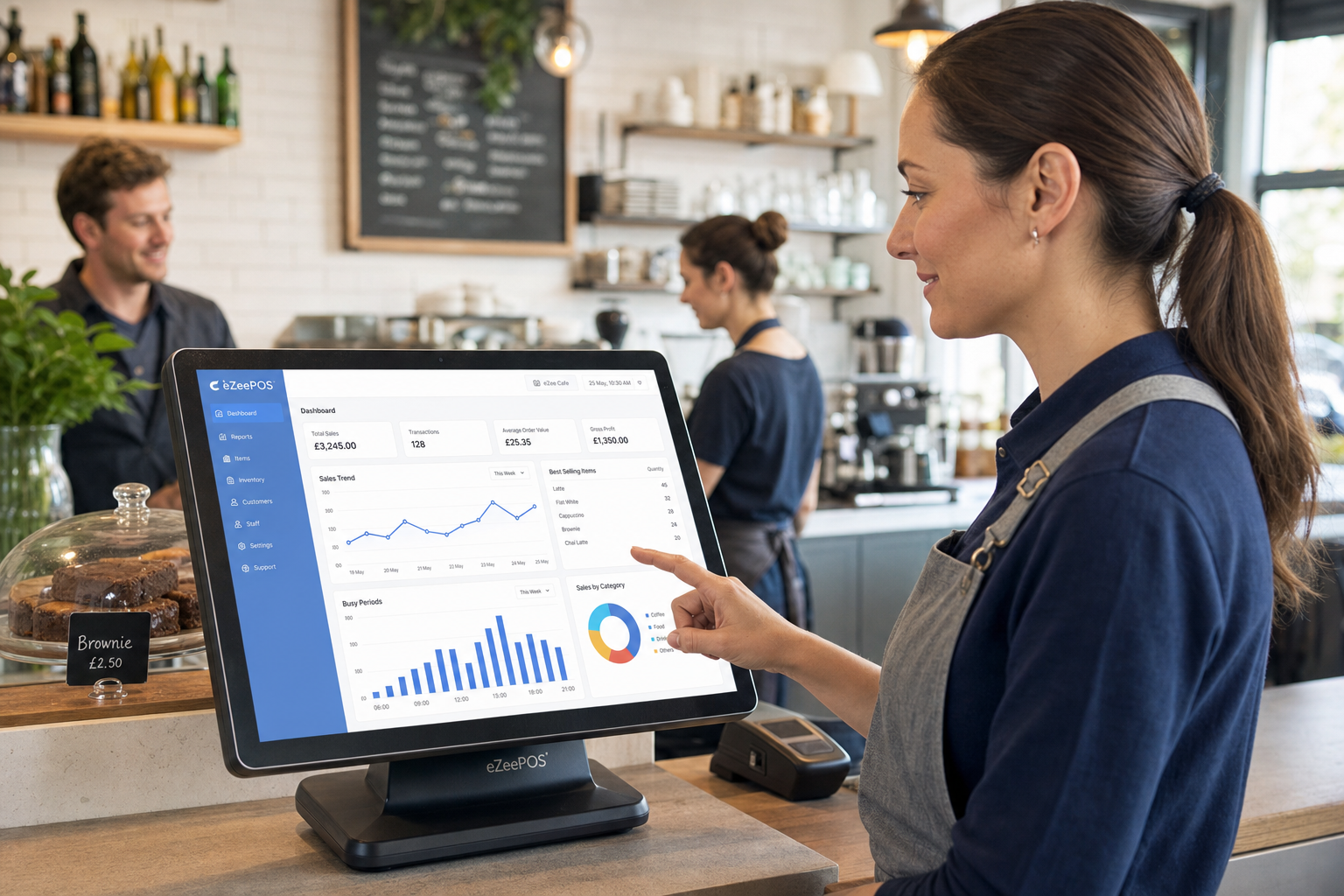 How Better Reporting Helps Independent Businesses Make Smarter Decisions, a photorealistic commercial photography style image in a modern UK independent cafe or retail shop with a clean counter area, a friendly business owner reviewing a clear sales dashboard on an eZeePOS-style touchscreen POS terminal or tablet, subtle blue interface accents on the screen, charts showing sales trends, best-selling items and busy periods, warm natural lighting, shallow depth of field, premium realistic composition, staff and a customer in the background to suggest an active trading environment, professional blog hero image for ezeepos, technology as the focal point, tidy counter, modern touchscreen till system clearly visible, realistic UK business setting, suitable for a WordPress featured image