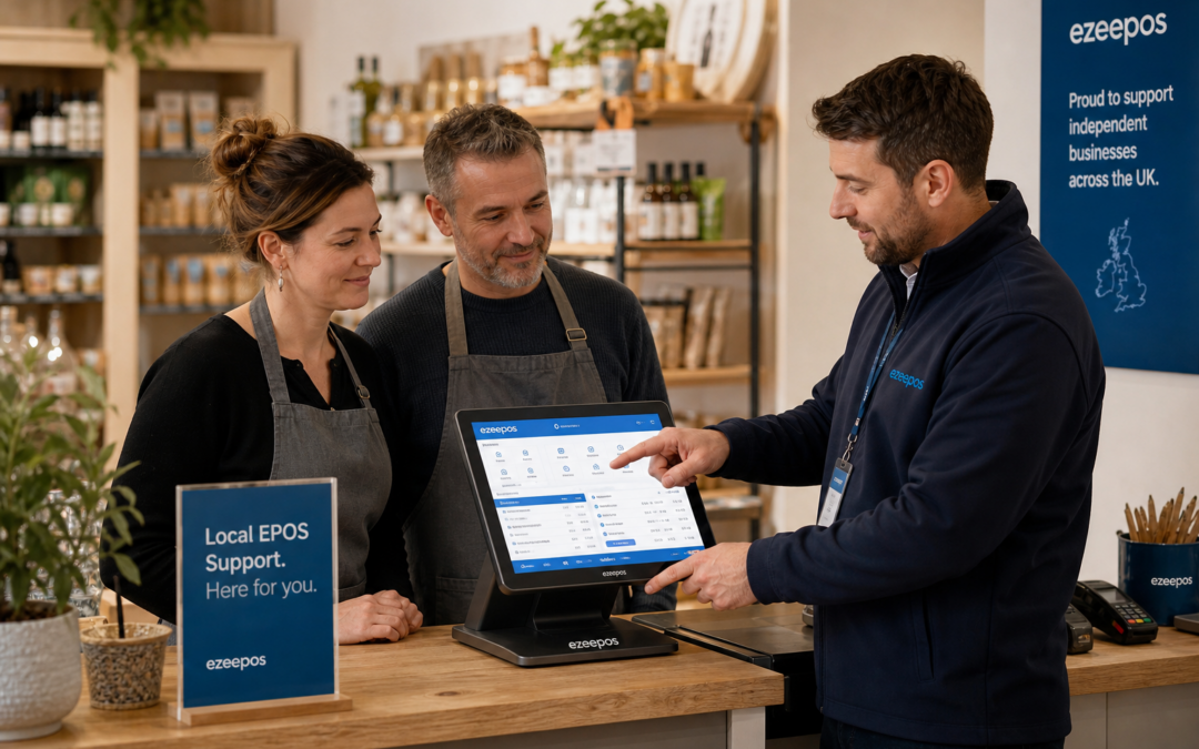 Why Local EPOS Support Still Matters for Independent Retailers, photorealistic commercial photography style, a warm modern UK independent retail shop interior with a tidy counter area, a friendly staff member and a business owner looking at a touchscreen EPOS terminal while a support specialist calmly demonstrates the till screen, subtle blue brand accents on the interface and small signage, realistic retail products in the background, clear focus on the POS system and the reassurance of local support, shallow depth of field, natural lighting, premium but realistic composition, clean and organised checkout area, professional website hero image for ezeepos, suitable for a WordPress featured image, no awkward stock photo poses, no clutter, no cartoon effect