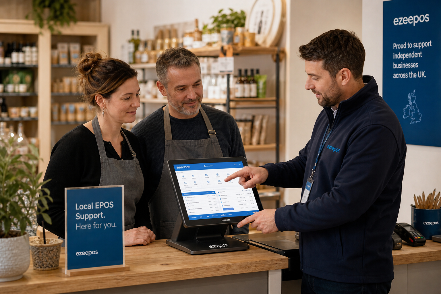 Why Local EPOS Support Still Matters for Independent Retailers, photorealistic commercial photography style, a warm modern UK independent retail shop interior with a tidy counter area, a friendly staff member and a business owner looking at a touchscreen EPOS terminal while a support specialist calmly demonstrates the till screen, subtle blue brand accents on the interface and small signage, realistic retail products in the background, clear focus on the POS system and the reassurance of local support, shallow depth of field, natural lighting, premium but realistic composition, clean and organised checkout area, professional website hero image for ezeepos, suitable for a WordPress featured image, no awkward stock photo poses, no clutter, no cartoon effect