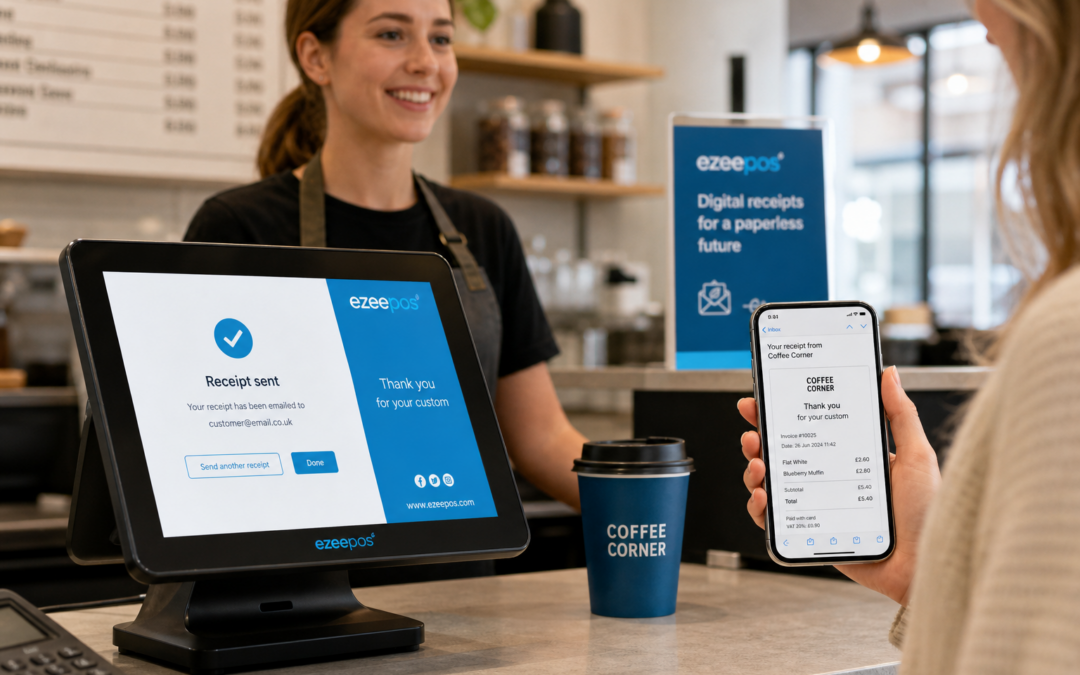 Digital Receipts for UK Retail and Hospitality Businesses: A Simple Way to Cut Paper Clutter, photorealistic commercial photography of a modern UK café or independent retail counter with a touchscreen EPOS terminal displaying a digital receipt confirmation on screen, a customer holding a smartphone showing an emailed receipt, a staff member serving efficiently, subtle blue brand accents on the interface and signage, clean uncluttered counter, warm natural lighting, shallow depth of field, premium realistic composition, professional website hero image for ezeepos, focused on the EPOS technology and customer convenience rather than scenery, suitable for a WordPress featured image.