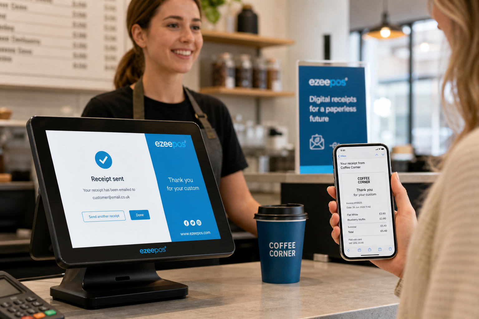 Digital Receipts for UK Retail and Hospitality Businesses: A Simple Way to Cut Paper Clutter, photorealistic commercial photography of a modern UK café or independent retail counter with a touchscreen EPOS terminal displaying a digital receipt confirmation on screen, a customer holding a smartphone showing an emailed receipt, a staff member serving efficiently, subtle blue brand accents on the interface and signage, clean uncluttered counter, warm natural lighting, shallow depth of field, premium realistic composition, professional website hero image for ezeepos, focused on the EPOS technology and customer convenience rather than scenery, suitable for a WordPress featured image.