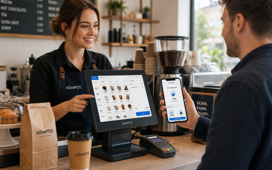 Customer Loyalty Ideas for Cafés, Shops and Takeaways, photorealistic commercial photography style, warm modern UK café interior with a clean counter area, a friendly staff member using an eZeePOS-style touchscreen EPOS terminal while serving a customer, the customer holding a smartphone showing a simple digital loyalty wallet with rewards progress and subtle blue brand accents, a card payment terminal nearby, cups and takeaway packaging neatly arranged, natural daylight, shallow depth of field, premium realistic composition, professional blog hero image for ezeepos, technology clearly in focus, subtle engagement and repeat-customer theme, realistic business atmosphere, no clutter, no distortion, no illustration style