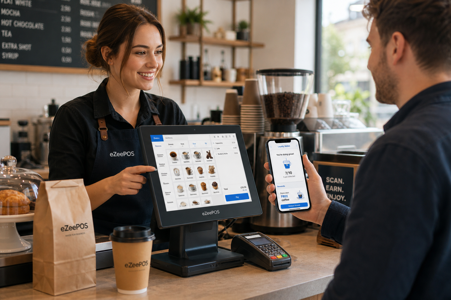 Customer Loyalty Ideas for Cafés, Shops and Takeaways, photorealistic commercial photography style, warm modern UK café interior with a clean counter area, a friendly staff member using an eZeePOS-style touchscreen EPOS terminal while serving a customer, the customer holding a smartphone showing a simple digital loyalty wallet with rewards progress and subtle blue brand accents, a card payment terminal nearby, cups and takeaway packaging neatly arranged, natural daylight, shallow depth of field, premium realistic composition, professional blog hero image for ezeepos, technology clearly in focus, subtle engagement and repeat-customer theme, realistic business atmosphere, no clutter, no distortion, no illustration style