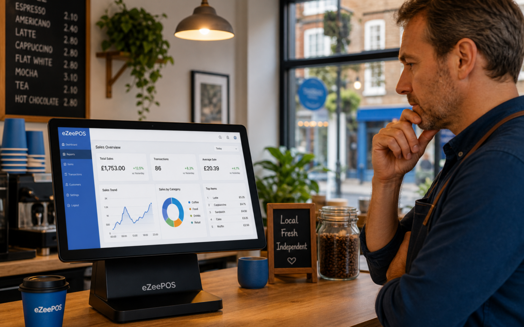 How Better Reporting Helps Small Businesses Make Smarter Decisions. Photorealistic commercial photography of a warm, modern UK café or independent shop interior with a clean counter area and an eZeePOS-style touchscreen POS terminal clearly visible in the foreground, showing simple sales dashboard charts and daily reporting graphics on the screen, while a business owner reviews the figures thoughtfully beside it; subtle blue brand accents appear in the interface and small details, with natural daylight, shallow depth of field, premium but realistic composition, friendly professional atmosphere, and a focus on practical reporting technology helping a small business owner make smarter trading decisions, suitable as a WordPress featured image for ezeepos.