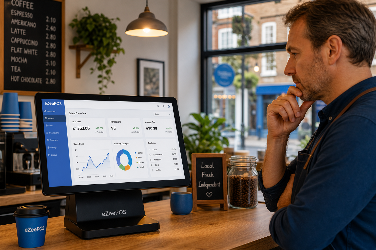 How Better Reporting Helps Small Businesses Make Smarter Decisions. Photorealistic commercial photography of a warm, modern UK café or independent shop interior with a clean counter area and an eZeePOS-style touchscreen POS terminal clearly visible in the foreground, showing simple sales dashboard charts and daily reporting graphics on the screen, while a business owner reviews the figures thoughtfully beside it; subtle blue brand accents appear in the interface and small details, with natural daylight, shallow depth of field, premium but realistic composition, friendly professional atmosphere, and a focus on practical reporting technology helping a small business owner make smarter trading decisions, suitable as a WordPress featured image for ezeepos.