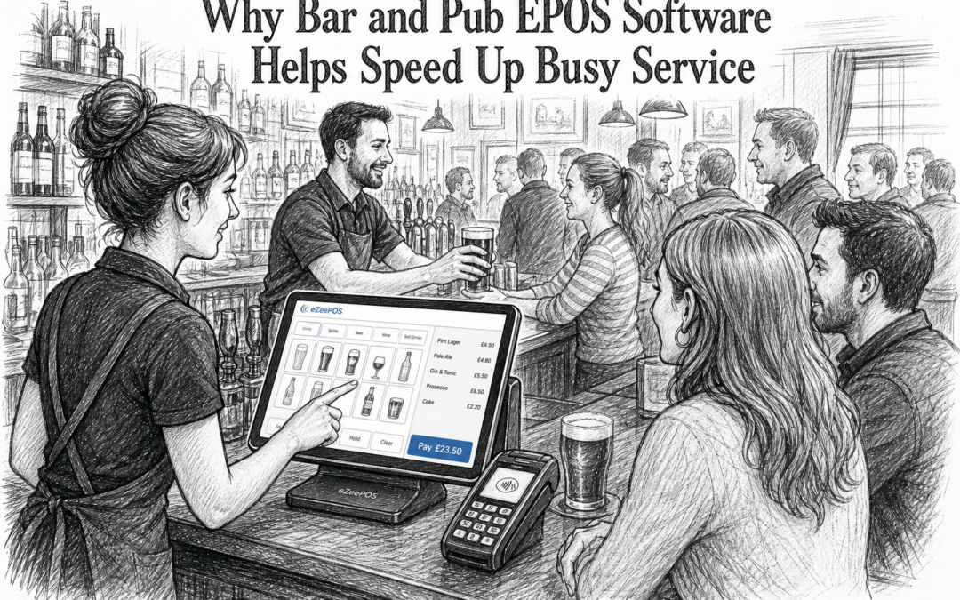 Create a detailed black-and-white pencil and ink sketch illustration for the blog title word-for-word: "Why Bar and Pub EPOS Software Helps Speed Up Busy Service". The scene should visually reflect the excerpt about busy bars and pubs needing a simple way to keep orders moving and reduce mistakes. Show a lively UK bar or pub counter during busy service, with staff using an eZeePOS-style Android touchscreen POS terminal at the bar and, because the topic relates to payments and faster service, a card payment terminal beside it. The composition should suggest smoother checkout, quicker drink orders and reduced queue build-up. Include subtle eZeePOS brand accent details only on the POS screen or small interface elements. Style must be hand-drawn pencil and ink, black and white line drawing with light shading, slightly detailed editorial blog illustration style, professional UK hospitality setting, no photorealism, no cartoon style, no distorted text, no large readable text, no signage, no fake logos, no Teya logo, no Dojo logo, no random unrelated objects.