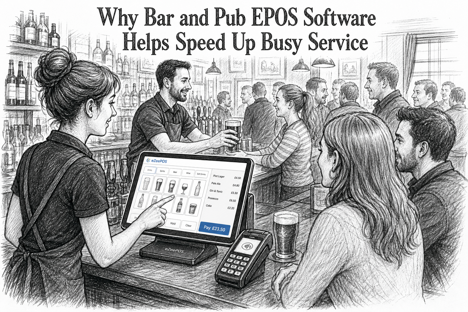 Create a detailed black-and-white pencil and ink sketch illustration for the blog title word-for-word: "Why Bar and Pub EPOS Software Helps Speed Up Busy Service". The scene should visually reflect the excerpt about busy bars and pubs needing a simple way to keep orders moving and reduce mistakes. Show a lively UK bar or pub counter during busy service, with staff using an eZeePOS-style Android touchscreen POS terminal at the bar and, because the topic relates to payments and faster service, a card payment terminal beside it. The composition should suggest smoother checkout, quicker drink orders and reduced queue build-up. Include subtle eZeePOS brand accent details only on the POS screen or small interface elements. Style must be hand-drawn pencil and ink, black and white line drawing with light shading, slightly detailed editorial blog illustration style, professional UK hospitality setting, no photorealism, no cartoon style, no distorted text, no large readable text, no signage, no fake logos, no Teya logo, no Dojo logo, no random unrelated objects.