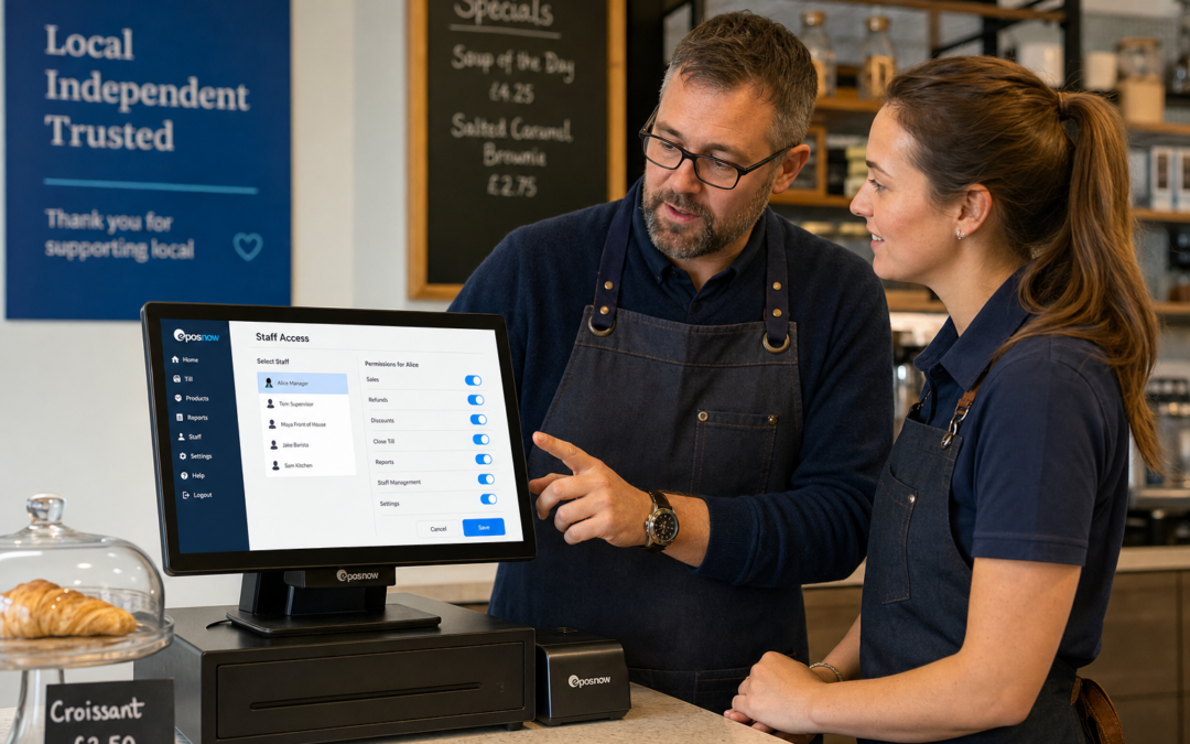 Why Staff Permissions Matter in Retail and Hospitality EPOS Systems - Photorealistic commercial photography of a modern UK independent business counter with a touchscreen EPOS terminal showing a clear staff login or user permissions screen, a supervisor and a front-of-house team member discussing access levels beside the till, with a café or small retail shop setting in the background, warm natural lighting, shallow depth of field, clean counter area, subtle blue brand accents on the interface and signage, premium realistic composition, friendly professional atmosphere, realistic POS hardware and a practical business setting that clearly communicates role-based access and day-to-day control.
