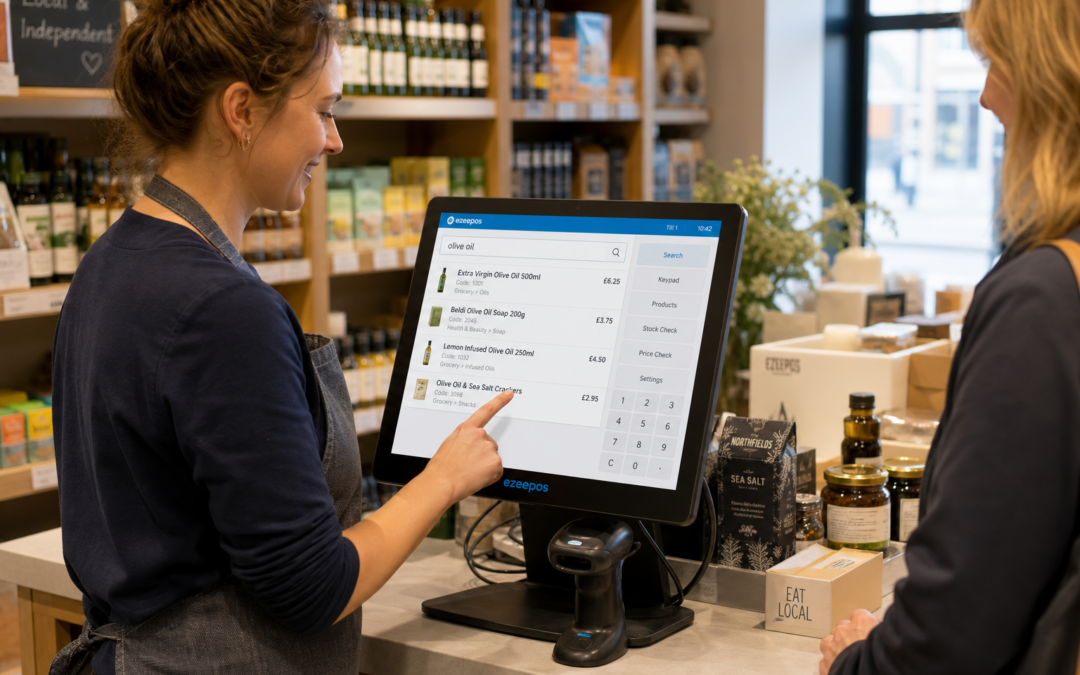 Product Lookup for Independent Retailers: A Faster Way to Find Items at the Till - Photorealistic commercial photography style featuring a modern UK independent retail shop counter during a busy but calm trading moment, with a friendly staff member using a bright touchscreen EPOS terminal to search for a product lookup on screen while serving a customer. Show a clean counter area with neatly displayed shop goods, a barcode scanner, and a clear retail till interface with subtle blue brand accents and readable but realistic search results on the display. Include natural window light, shallow depth of field, warm professional tones, and a premium yet realistic composition that feels like a custom ezeepos blog hero image for independent retailers who need faster item search and smoother checkout service.