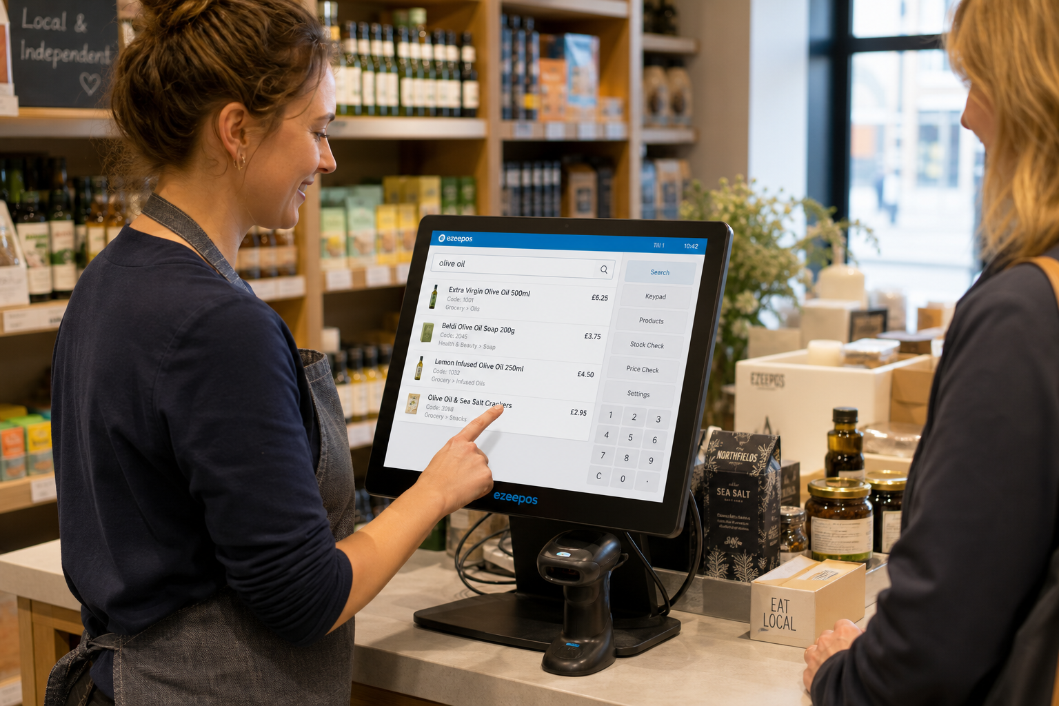 Product Lookup for Independent Retailers: A Faster Way to Find Items at the Till - Photorealistic commercial photography style featuring a modern UK independent retail shop counter during a busy but calm trading moment, with a friendly staff member using a bright touchscreen EPOS terminal to search for a product lookup on screen while serving a customer. Show a clean counter area with neatly displayed shop goods, a barcode scanner, and a clear retail till interface with subtle blue brand accents and readable but realistic search results on the display. Include natural window light, shallow depth of field, warm professional tones, and a premium yet realistic composition that feels like a custom ezeepos blog hero image for independent retailers who need faster item search and smoother checkout service.