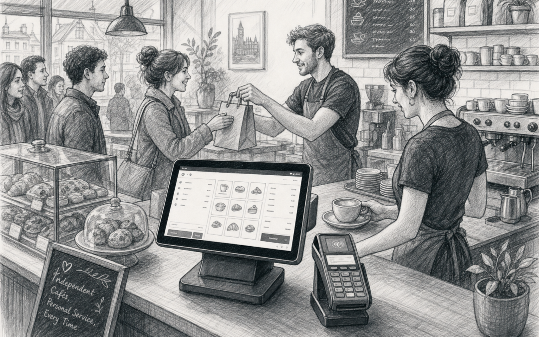 Create a detailed black-and-white pencil and ink sketch illustration for the blog title “How Android POS Helps Independent Cafés Serve Customers Faster”. The scene should show a busy independent UK café counter during a morning rush, with an eZeePOS-style Android touchscreen POS terminal prominently positioned beside a card payment terminal, suggesting smoother checkout and faster service. Include café staff serving coffee and pastries, a few customers waiting in a short queue, and subtle interface details on the POS screen only. The illustration should reflect the blog excerpt about independent cafés needing a till system that keeps up with busy mornings, lunch rushes and personal service. Style must be hand-drawn pencil and ink, light shading, editorial blog illustration, professional UK hospitality setting, no photorealism, no cartoon style, no large readable text, no fake logos, no Teya logo, no Dojo logo, and no random unrelated objects.