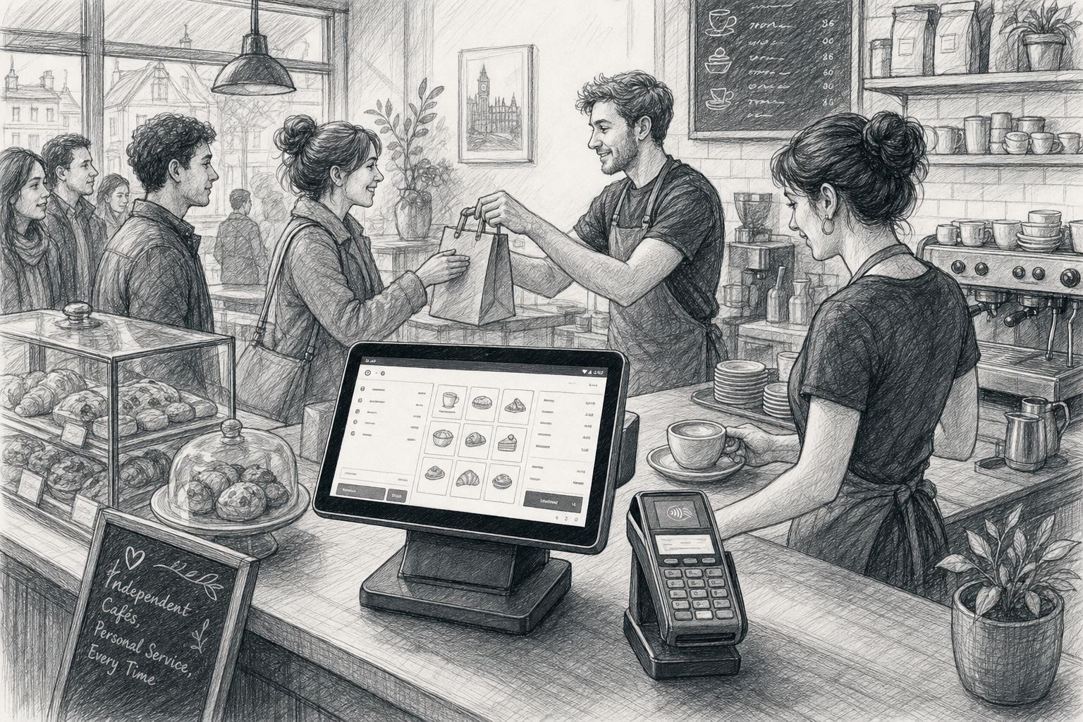 Create a detailed black-and-white pencil and ink sketch illustration for the blog title “How Android POS Helps Independent Cafés Serve Customers Faster”. The scene should show a busy independent UK café counter during a morning rush, with an eZeePOS-style Android touchscreen POS terminal prominently positioned beside a card payment terminal, suggesting smoother checkout and faster service. Include café staff serving coffee and pastries, a few customers waiting in a short queue, and subtle interface details on the POS screen only. The illustration should reflect the blog excerpt about independent cafés needing a till system that keeps up with busy mornings, lunch rushes and personal service. Style must be hand-drawn pencil and ink, light shading, editorial blog illustration, professional UK hospitality setting, no photorealism, no cartoon style, no large readable text, no fake logos, no Teya logo, no Dojo logo, and no random unrelated objects.