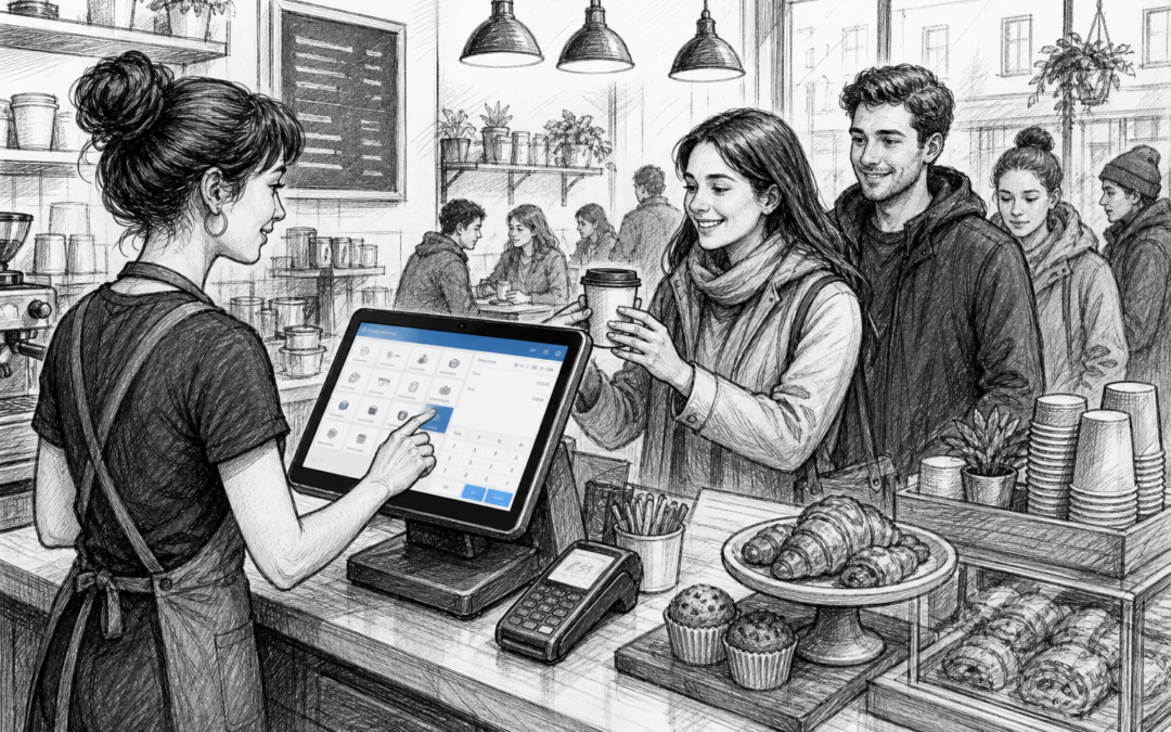 Create a detailed black-and-white pencil and ink sketch illustration for the blog title: "How Android POS Can Help UK Cafés Serve Faster and Stay Organised". The image should reflect the excerpt and show a busy UK café counter scene with an eZeePOS-style Android touchscreen POS terminal, a café barista counter, takeaway cups, pastries, and a staff member serving customers during a rush. Include subtle eZeePOS brand accent details only on the POS screen or small interface elements. The mood should suggest faster service and better organisation in a modern independent café. Use a hand-drawn editorial style with light shading, no photorealism, no cartoon style, no large readable text, no fake logos, and no unrelated objects. Include a card payment terminal only if it naturally fits the counter scene, but do not show any payment provider logos.