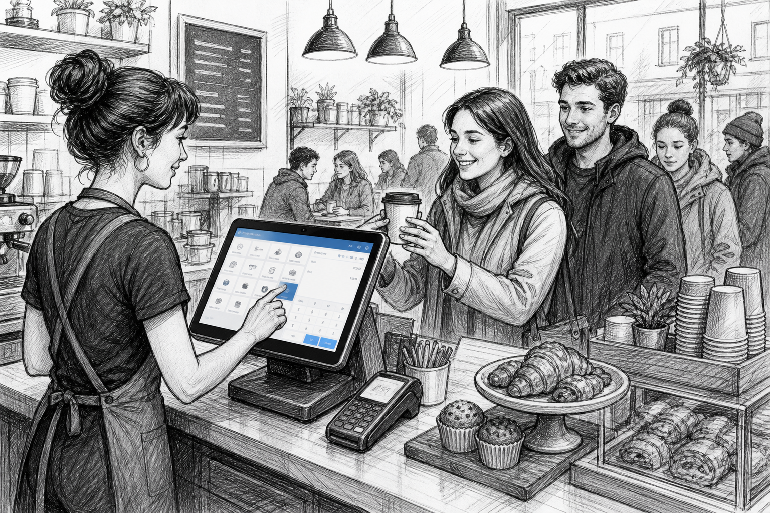 Create a detailed black-and-white pencil and ink sketch illustration for the blog title: "How Android POS Can Help UK Cafés Serve Faster and Stay Organised". The image should reflect the excerpt and show a busy UK café counter scene with an eZeePOS-style Android touchscreen POS terminal, a café barista counter, takeaway cups, pastries, and a staff member serving customers during a rush. Include subtle eZeePOS brand accent details only on the POS screen or small interface elements. The mood should suggest faster service and better organisation in a modern independent café. Use a hand-drawn editorial style with light shading, no photorealism, no cartoon style, no large readable text, no fake logos, and no unrelated objects. Include a card payment terminal only if it naturally fits the counter scene, but do not show any payment provider logos.
