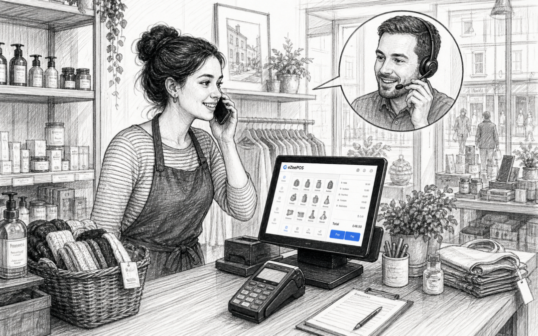 Create a detailed black-and-white pencil and ink sketch illustration for the blog title 'Why Local EPOS Support Still Matters for Independent Retailers'. The scene should show a UK independent retail shop with a friendly but busy counter, an eZeePOS-style touchscreen POS terminal on the till point, and a staff member speaking with a support adviser by phone or headset in a reassuring way. The illustration should reflect the blog excerpt by suggesting practical help, reduced downtime and a well-run checkout on a normal trading day. Include subtle eZeePOS brand accent details only on the POS screen or small interface elements. The setting should feel like a real independent retail store, with shelves, products and a professional checkout area. Hand-drawn pencil and ink sketch style, black and white line drawing with light shading, slightly detailed editorial blog illustration style, no photorealism, no cartoon style, no distorted text, no large readable signage, no fake logos, no random unrelated objects, no Teya logo, no Dojo logo.