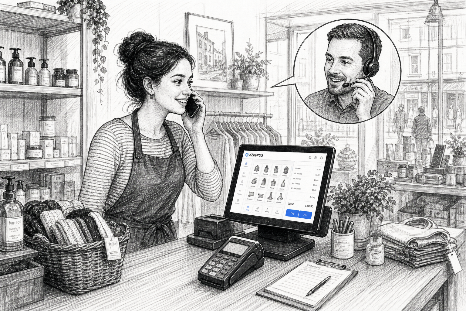 Create a detailed black-and-white pencil and ink sketch illustration for the blog title 'Why Local EPOS Support Still Matters for Independent Retailers'. The scene should show a UK independent retail shop with a friendly but busy counter, an eZeePOS-style touchscreen POS terminal on the till point, and a staff member speaking with a support adviser by phone or headset in a reassuring way. The illustration should reflect the blog excerpt by suggesting practical help, reduced downtime and a well-run checkout on a normal trading day. Include subtle eZeePOS brand accent details only on the POS screen or small interface elements. The setting should feel like a real independent retail store, with shelves, products and a professional checkout area. Hand-drawn pencil and ink sketch style, black and white line drawing with light shading, slightly detailed editorial blog illustration style, no photorealism, no cartoon style, no distorted text, no large readable signage, no fake logos, no random unrelated objects, no Teya logo, no Dojo logo.