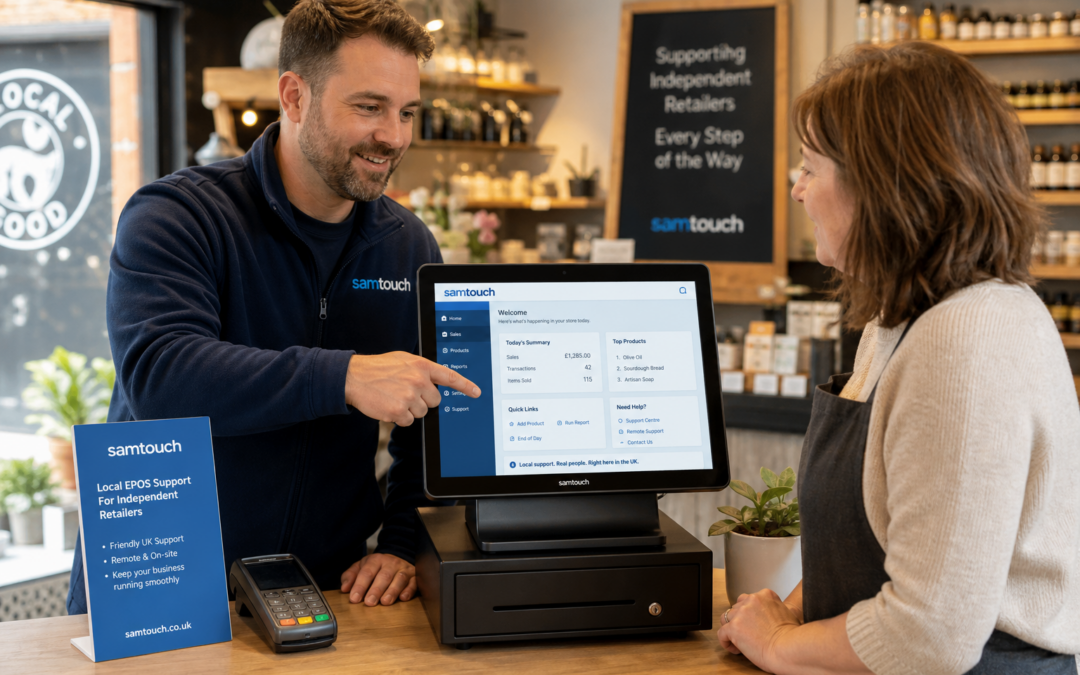 Why Local EPOS Support Still Matters for Independent Retailers. Photorealistic commercial photography style featuring a warm, modern UK independent retail shop interior with a friendly EPOS support specialist demonstrating a Samtouch-style touchscreen POS terminal to a shop owner at a clean counter area, with a clear EPOS screen showing simple retail setup, reports and support guidance, subtle blue brand accents on the interface and small signage, natural lighting, shallow depth of field, premium realistic composition, professional blog hero image for a WordPress featured banner, focus on the technology and the helpful support interaction, calm and trustworthy mood, realistic UK retail environment, sharp detail on the touchscreen till and staff conversation, no clutter, no exaggerated futuristic design.