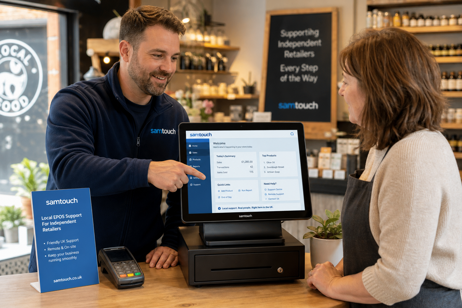 Why Local EPOS Support Still Matters for Independent Retailers. Photorealistic commercial photography style featuring a warm, modern UK independent retail shop interior with a friendly EPOS support specialist demonstrating a Samtouch-style touchscreen POS terminal to a shop owner at a clean counter area, with a clear EPOS screen showing simple retail setup, reports and support guidance, subtle blue brand accents on the interface and small signage, natural lighting, shallow depth of field, premium realistic composition, professional blog hero image for a WordPress featured banner, focus on the technology and the helpful support interaction, calm and trustworthy mood, realistic UK retail environment, sharp detail on the touchscreen till and staff conversation, no clutter, no exaggerated futuristic design.