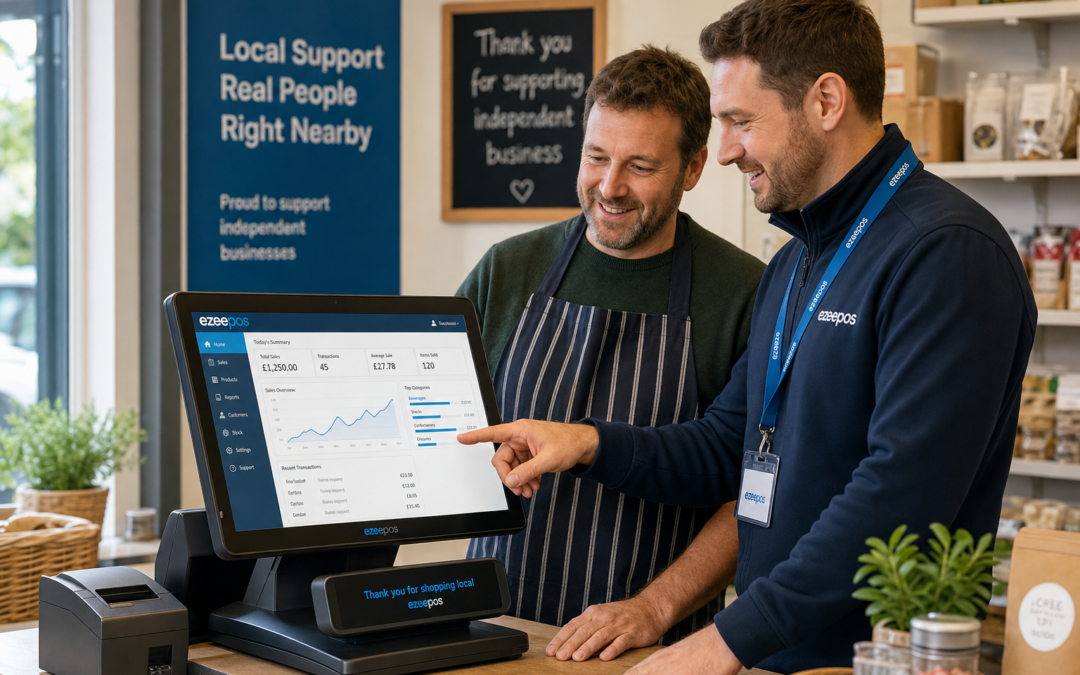 Why Local EPOS Support Still Matters for Independent Retailers - Photorealistic commercial photography style of a friendly UK independent retailer inside a modern shop receiving hands-on help from an EPOS specialist beside a clean touchscreen till, with a customer-facing display and receipt printer visible on the counter, the specialist showing the shop owner a sales dashboard and simple support guidance on the POS screen, subtle blue brand accents in the interface and signage, warm natural daylight, shallow depth of field, premium but realistic composition, tidy counter area, professional business atmosphere, clear focus on local support helping an independent retail shop stay organised and confident during day-to-day trading, suitable as a WordPress featured image for ezeepos.